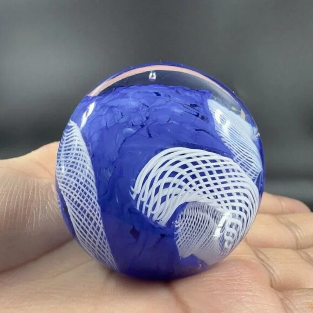 Murano Art Glass Paperweight Orb Cobalt Blue White Cane Venetian Italy Glass VTG